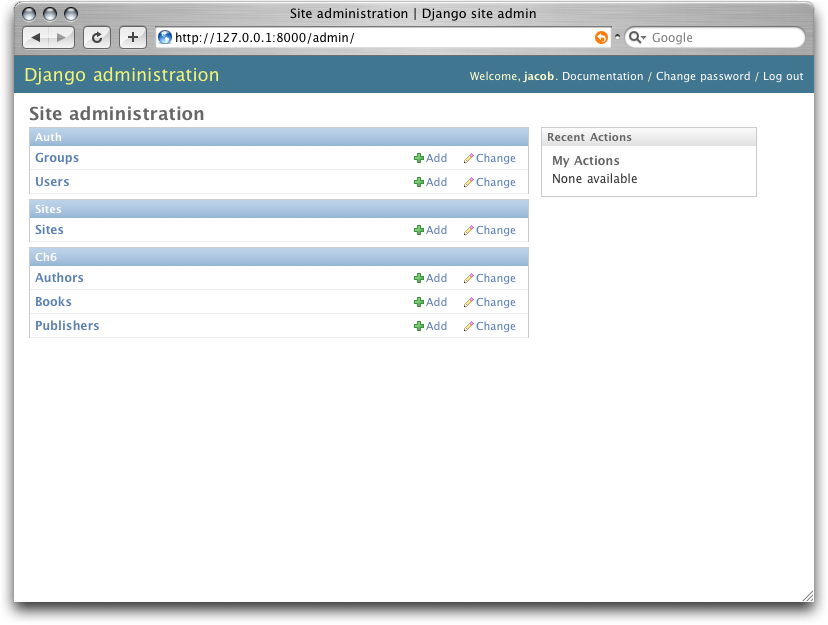 Screenshot of the Django admin home page.