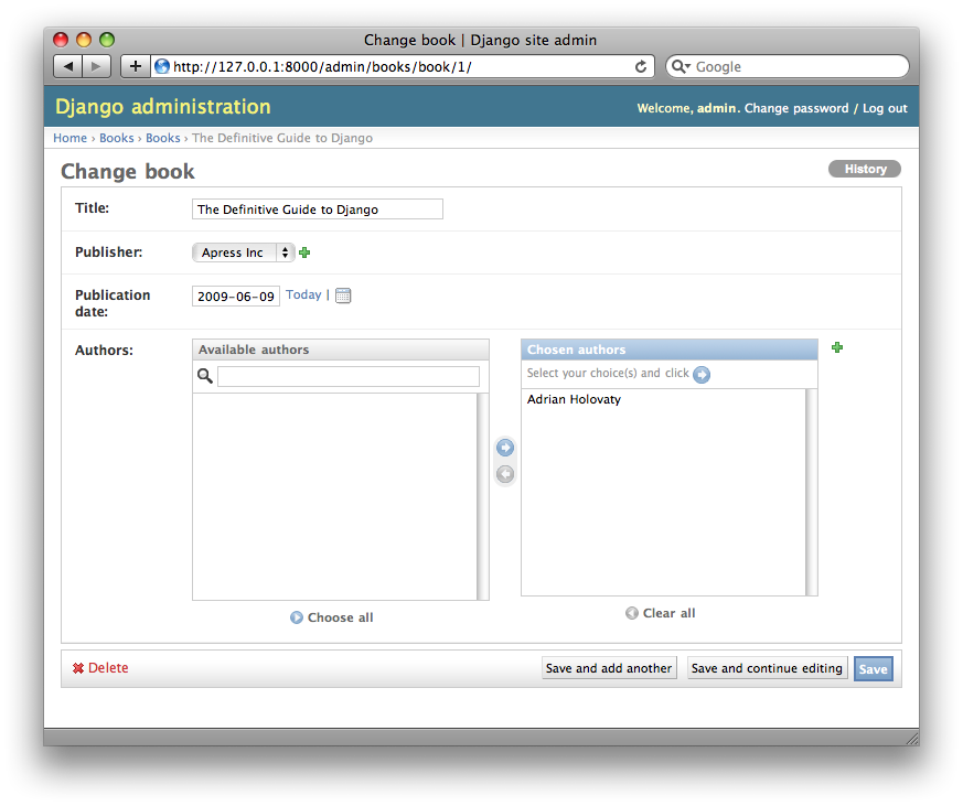 Screenshot of the book edit form after adding filter_horizontal.